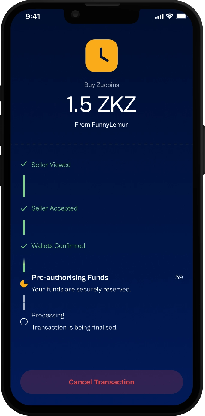 A Zucoins purchase progressing through the Zutopia app