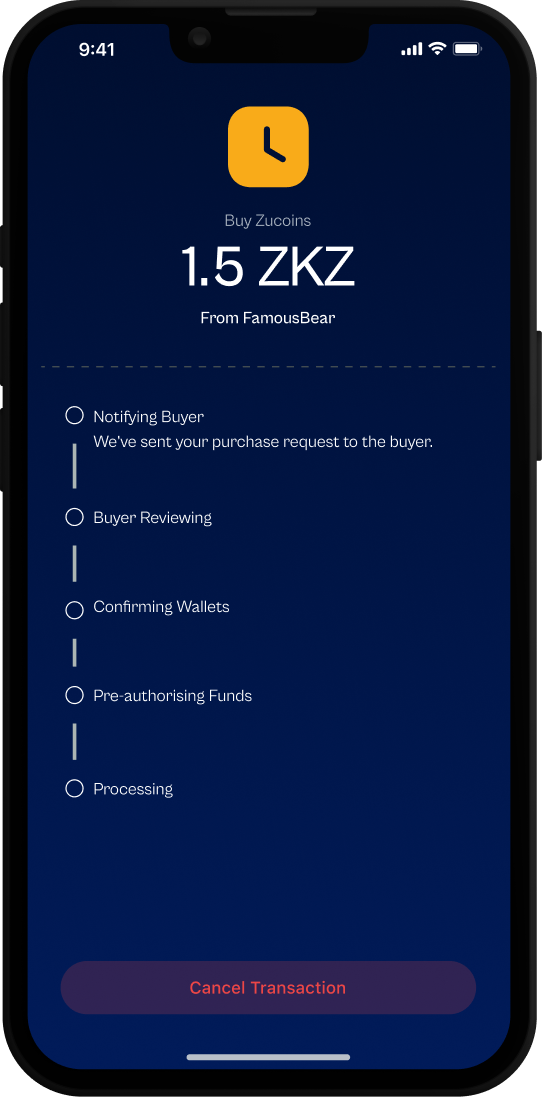 A Zucoins purchase progressing through the Zutopia app